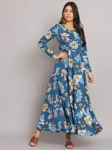 HELLO DESIGN Floral Printed Long Sleeves Crepe Fit & Flare Maxi Dress