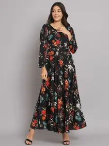 HELLO DESIGN Floral Printed V-Neck Long Sleeves Crepe Maxi Dress