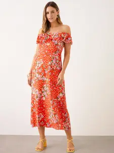 DOROTHY PERKINS Floral Print Off-Shoulder Puff Sleeves Ruffled A-Line Midi Dress