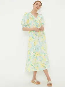 DOROTHY PERKINS Floral Print Ruffled Cotton A-Line Midi Dress