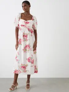 DOROTHY PERKINS Floral Print Cotton Linen A-Line Midi Dress