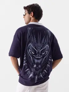 The Souled Store Black Panther Printed Polo Collar Oversized Pure Cotton T-shirt