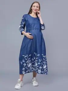 NIGHTSPREE Floral Printed Tie-Ups Cotton Maternity A-Line Midi Dress