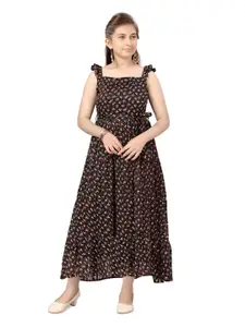 BAESD Girls Floral Printed Square Neck Tie-Ups Tiered Georgette Fit & Flare Midi Dress