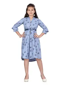 BAESD Girls Floral Printed Belt Detailed Mandarin Collar Cotton A-Line Dress