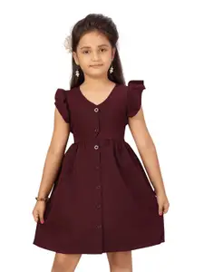 BAESD Girls V-Neck Flared Sleeves Silk Fit & Flare Dress