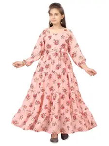 BAESD Girls Floral Printed Square Neck Puff Sleeves Gathered Tiered Fit & Flare Maxi Dress
