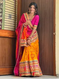 Mitera Orange & Pink Printed & Embroidered Pure Chiffon Bandhani Saree