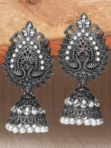 OOMPH White Oxidised Peacock Shaped Jhumkas Earrings