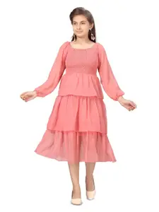 BAESD Puff Sleeves Smocked Layered Fit & Flare Midi Dress