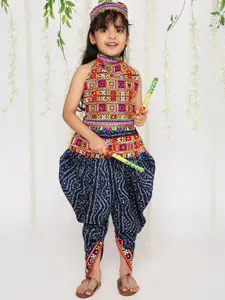 KID1 Girls Bandhani Printed Pure Cotton Navratri Top Dhoti Set With Cap