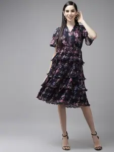 BAESD Floral Printed V-Neck Flared Sleeves Layered Fit & Flare Dress