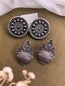 ATIBELLE Set Of 2 Silver-Plated Circular Oxidised Studs Earrings