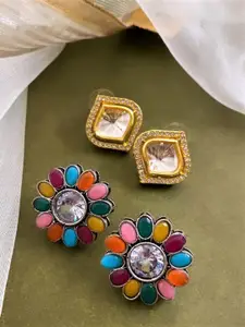 ATIBELLE Set of 2 Silver Plated Kundan Stone Studded & Floral Studs Earrings