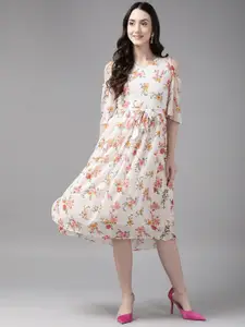 BAESD Floral Printed V-Neck Cold-Shoulder Sleeves Fit and Flare Midi Dress
