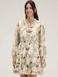 20Dresses Off White Floral Print Tie-Up Neck Puff Sleeve A-Line Dress