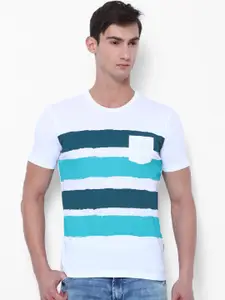 LOCOMOTIVE Men White & Blue Striped Round Neck T-shirt