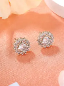 Estele Rhodium Plated Cubic Zirconia Studded Floral Stud Earrings