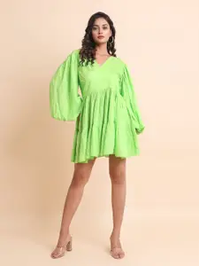 Disli V-Neck Puff Sleeves Fit and Flare Dress