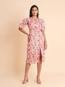 Disli Floral Printed Puff Sleeves Sheath Midi Dress