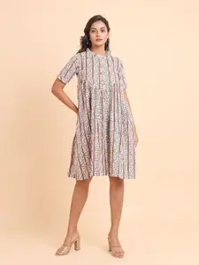 Disli Floral Printed High Neck Pleated Cotton A-Line Dress