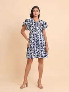 Disli Floral Printed V-Neck Flutter Sleeves Cut-Outs Cotton A-Line Dress
