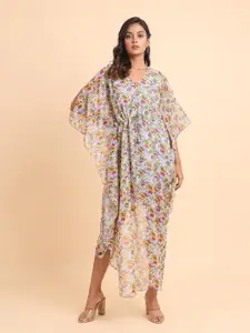Disli Floral Printed V-Neck Tie-Ups Detail Asymmetric Hem Georgette Kaftan Maxi Dress