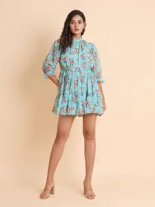 Disli Floral Printed High Neck Puff Sleeves Pleated Georgette Fit & Flare Mini Dress