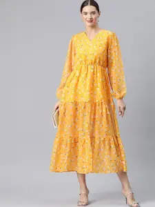 KALINI Floral Printed Puff Sleeves Tiered A-Line Midi Dress
