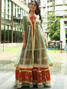 AKS Couture Floral Printed Straight Gotta Patti Pure Kurta with Sharara With Jacket