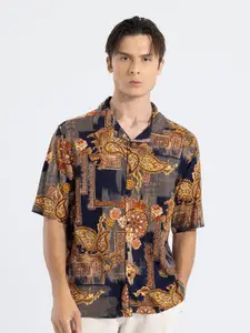 Snitch Navy Blue & Gold-Toned Ethnic Motifs Printed Classic Oversized Casual Shirt