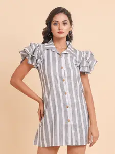 Disli Striped Shirt Collar Flutter Sleeve Cotton Shirt Dress