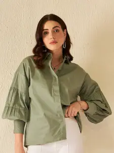 DENNISON Smart Puff Sleeves Gathers Detail Cotton Casual Shirt