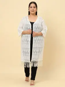 UnaOne Plus Size Self Design Cotton Open Front Longline Shrug