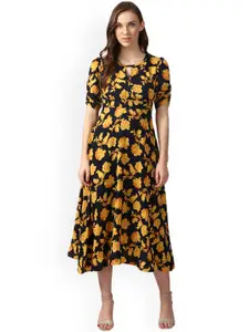 Nun Women Navy Blue Floral Printed Fit and Flare Dress
