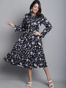 Cantabil Floral Printed Tie Up Neck Fit & Flare Midi Dress