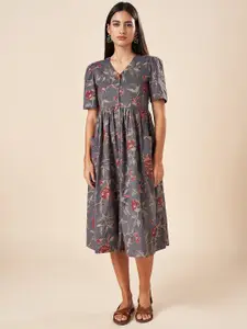 AKKRITI BY PANTALOONS Floral Printed V-Neck Puff Sleeves Cotton A-Line Dress