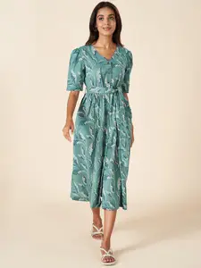 AKKRITI BY PANTALOONS Floral Printed Belt Detailed Puff Sleeves Cotton Shirt Style Dress