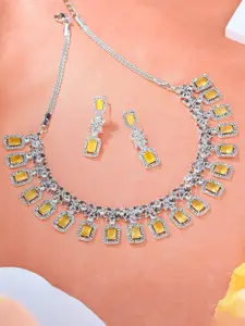 Estele Rhodium Plated CZ Fascinating Necklace Set with Yellow Stones