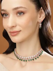 Estele Rose Gold Plated CZ Gorgeous Necklace Set with Green Stones for Women