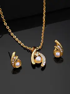 Estele Gold-Plated CZ Stone Studded Pearl Beaded Pendant Jewellery Set
