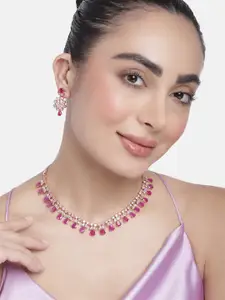 Estele Rose Gold Plated CZ Sparkling Necklace Set with Ruby Crystals
