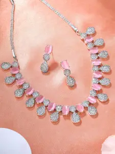 Estele Rhodium Plated Plated CZ Drop Shaped Necklace Set with Mint Pink Stones