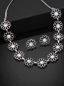 Estele Rhodium Plated Flower Designer Necklace Set with Crystals