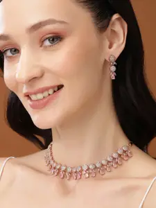 Estele Rose Gold Plated CZ Sparkling Necklace Set with Mint Pink Crystals for Women