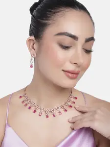Estele Rose Gold Plated CZ Circular Designer Necklace Set with Ruby Crystals