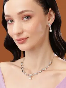 Estele Rhodium Plated Elegant Blossom Designer Necklace Set with Pearl