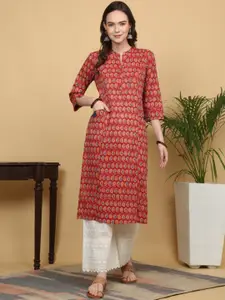KALINI Ethnic Motifs Printed Mandarin Collar Cotton Straight Kurta