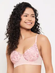 Clovia Pink Floral Printed Half Coverage Lightly Padded Push-Up Bra With All Day Comfort