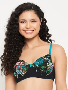 Clovia Black & Green Floral Printed Full Coverage Lightly Padded Bra With All Day Comfort